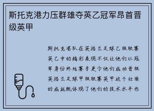 斯托克港力压群雄夺英乙冠军昂首晋级英甲